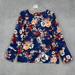 Lord & Taylor Blouse Womens‎ Medium Navy Blue Floral Sheer Boat Neck Long Sleeve